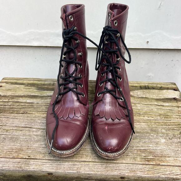 Vintage 80s Justin Boots Dark Cherry Lace Up Roper Kilte Fringe Cowgirl 5.5B - Picture 2 of 6